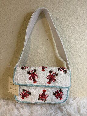 Lobster Beaded Shoulder Bag Made In India White Red Coastal Novelty Purse NWT